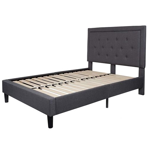 Full Size Dark Grey Fabric Upholstered Platform Bed Frame with Tufted Headboard