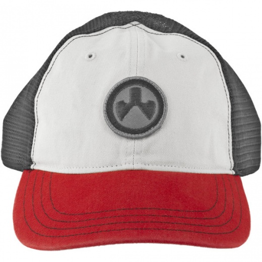 Magpul Icon Patch Garment Washed Trucker Hat - Stone/Black/Red, One Size Fits Most