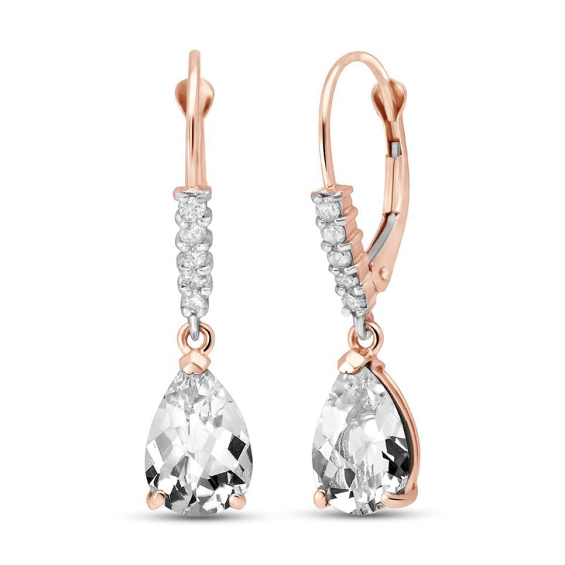 14K Solid Rose Gold Leverback Earrings Natural Diamond & Rose Topaz Certified, Gold Color: White Gold