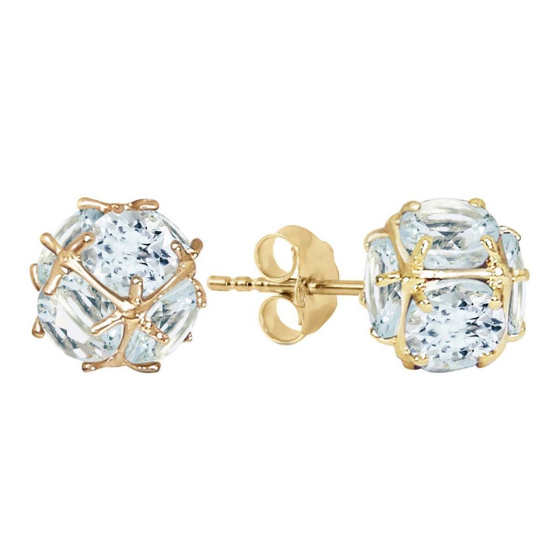 14K Solid Yellow Gold Stud Earrings W/ Natural Aquamarines