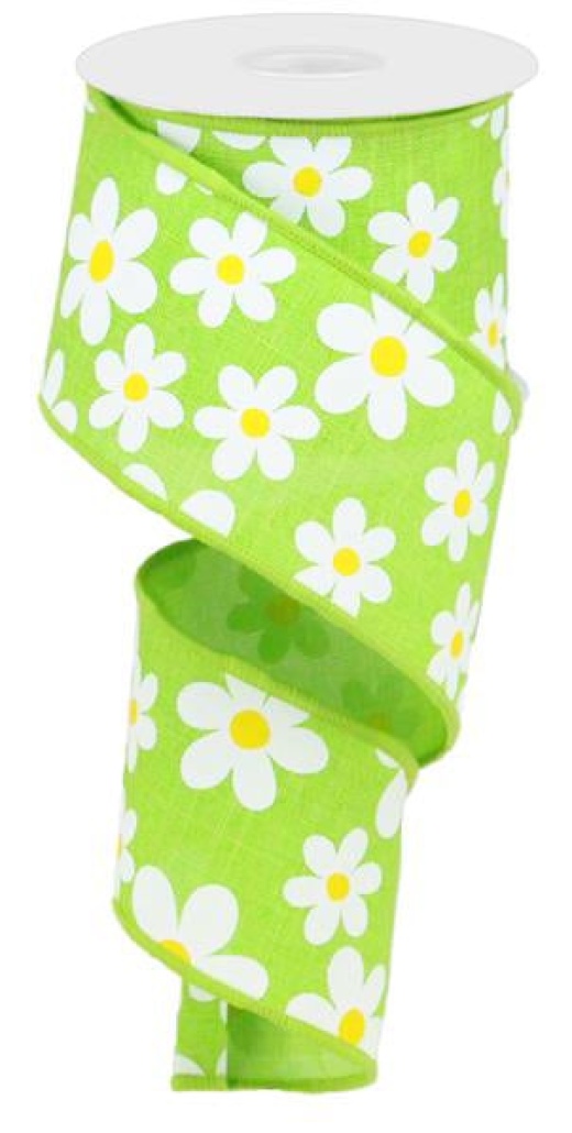 2.5"X10yd Flower Daisy Print On Royal - Lime Green/White/Yellow