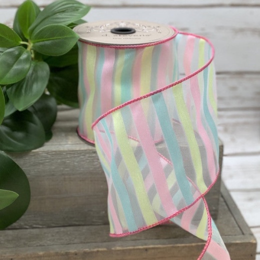 2.5" X 10Yds Pastel Horizontal Stripe Sheer Satin Ribbon by General Wholesale Vivian