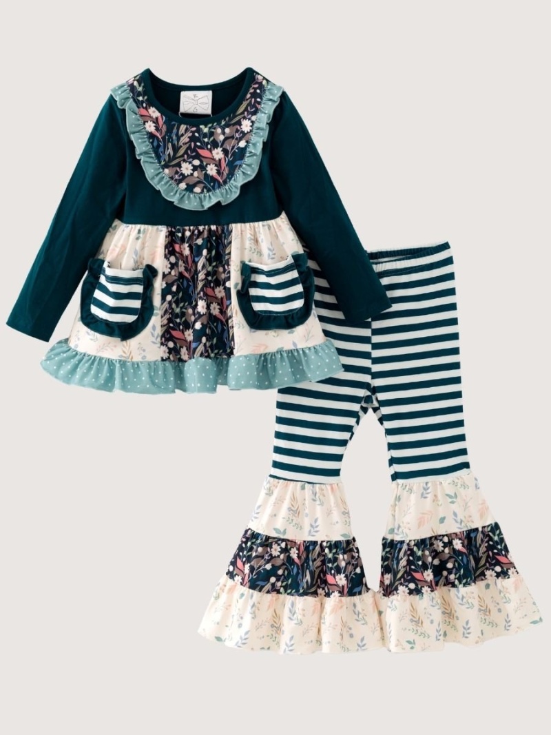 Girls Teal Floral Bell Bottom Outfit Set