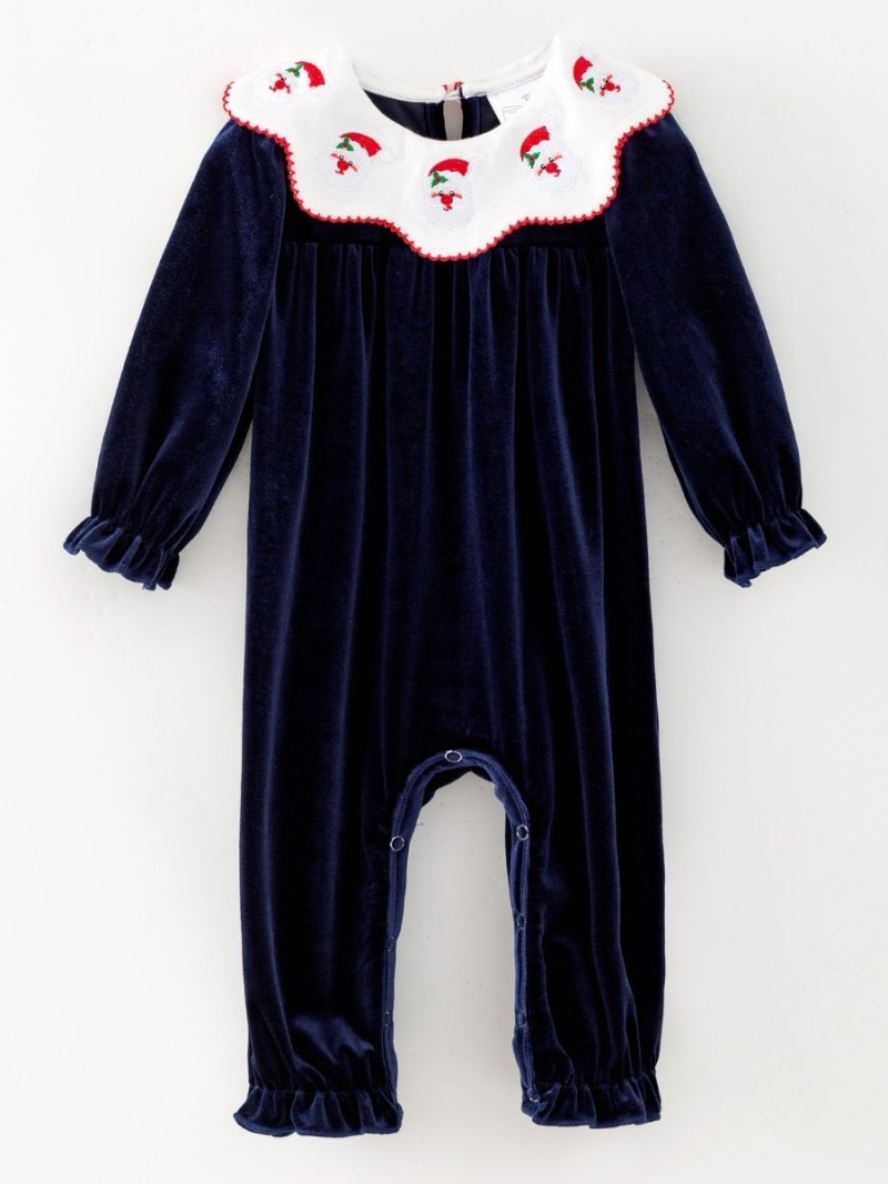 Navy Velvet Embroidered Santa Collar Baby Bubble Romper