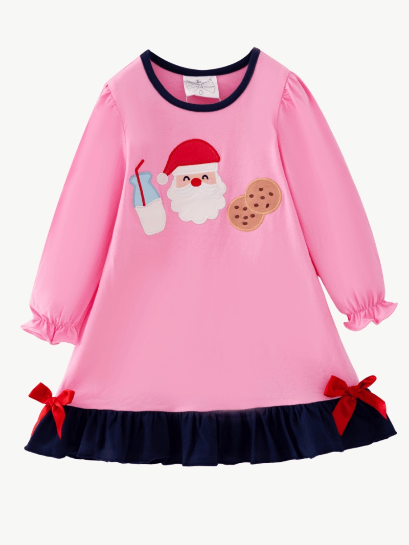 Santa Milk & Cookies Girls Ruffle Christmas Applique Dress