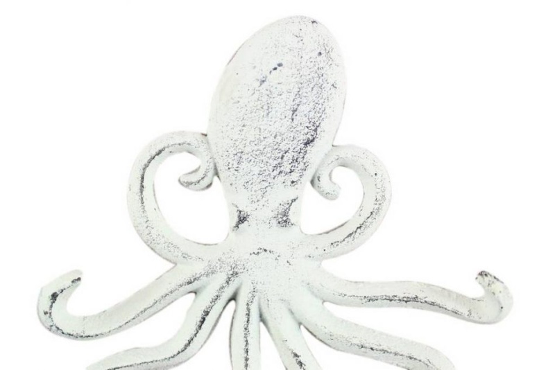 Rustic Whitewashed Cast Iron Wall Mounted Decorative Octopus Hooks 7"