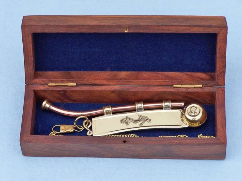 Solid Brass/Copper Bosun Whistle 6" W/ Rosewood Box