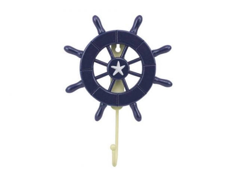 Dark Blue Decorative Ship Wheel With Starfish and Hook 8"