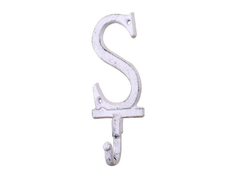 Whitewashed Cast Iron Letter S Alphabet Wall Hook 6"