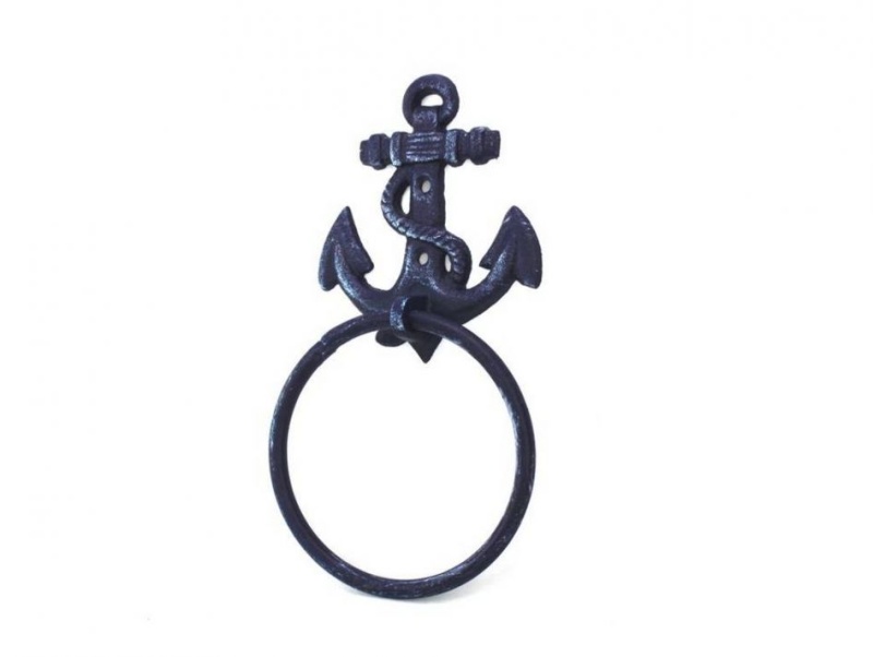 Rustic Dark Blue Cast Iron Anchor Towel Holder 8.5"
