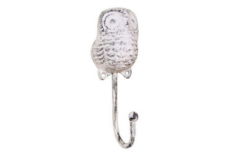 Whitewashed Cast Iron Decorative Owl Hook 6"