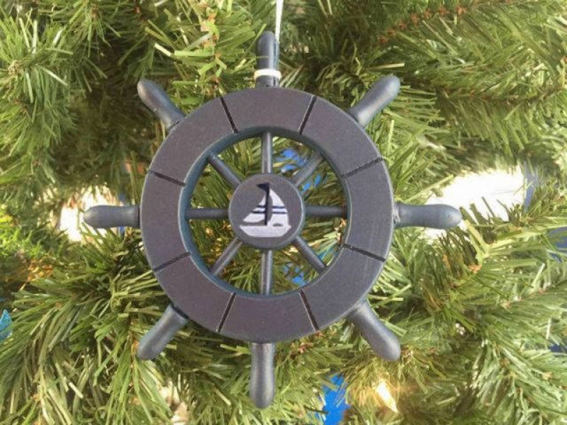 Dark Blue Decorative Ship Wheel With Sailboat Christmas Tree Ornament 6"