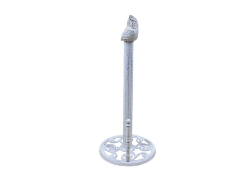 Whitewashed Cast Iron Sitting Owl Bathroom Extra Toilet Paper Stand 16"