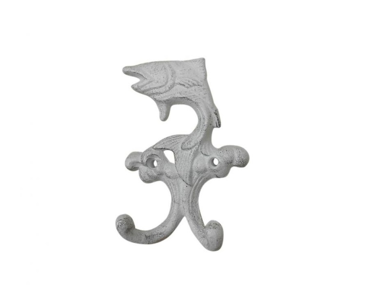 Whitewashed Cast Iron Flying Fish Decorative Metal Double Wall Hooks 5"