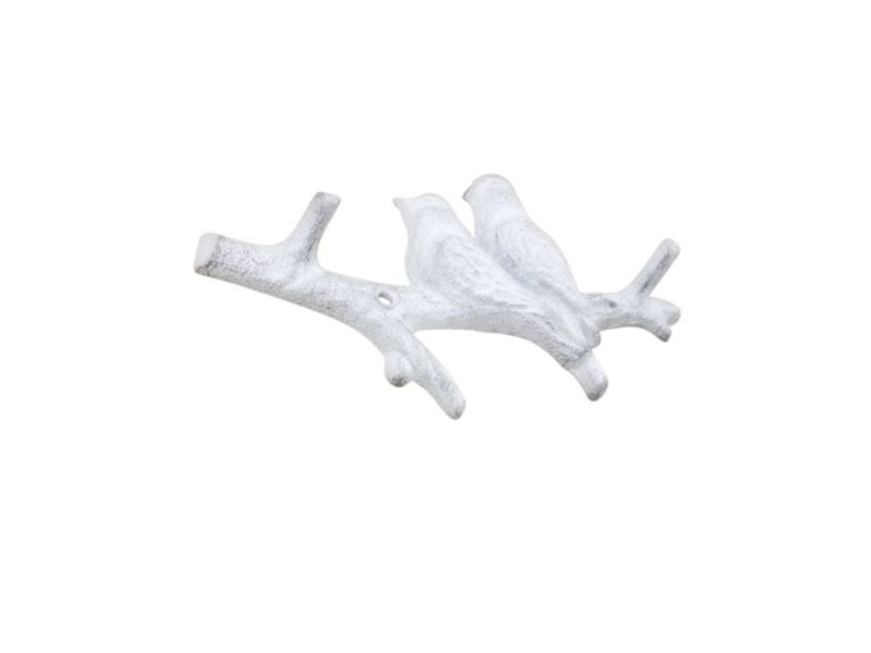 Whitewashed Cast Iron Birds on Branch Wall Hooks 8"