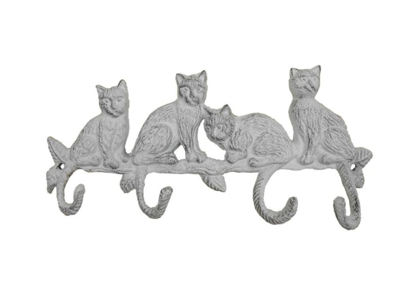 Whitewashed Cast Iron Sitting Cat Family Decorative Metal Wall Hooks 11"