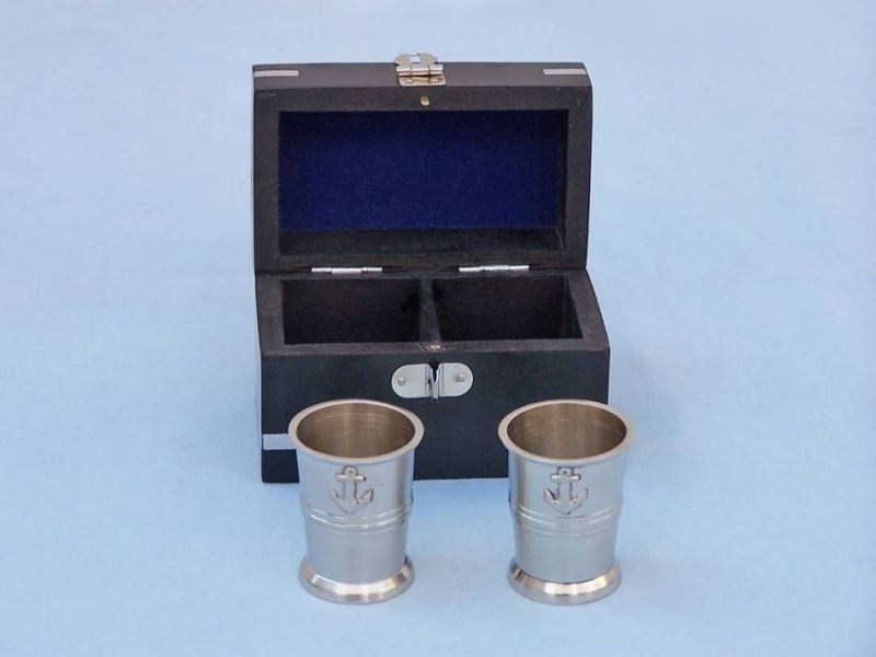 Brushed Nickel Anchor Shot Glasses With Rosewood Box 4" - Set Of 2