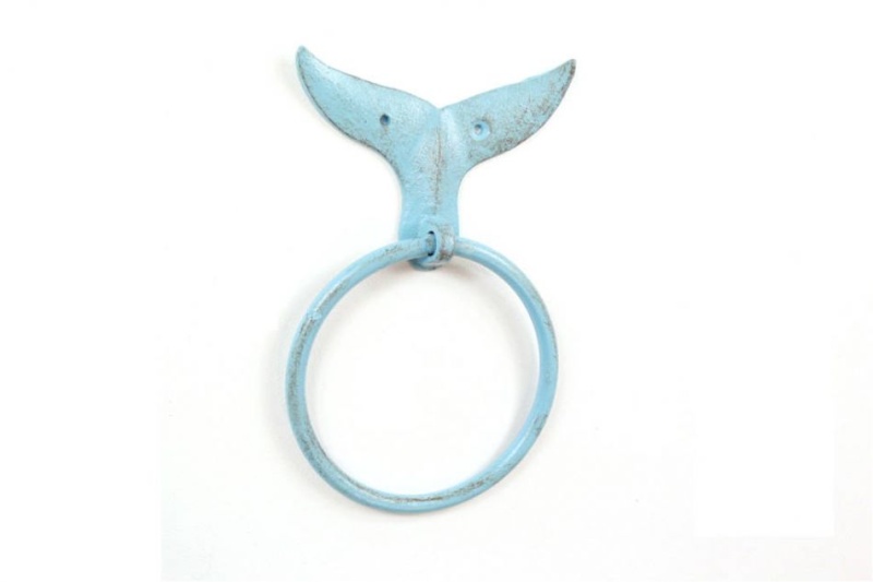 Rustic Light Blue Cast Iron Whale Tail Towel Holder 7.5"