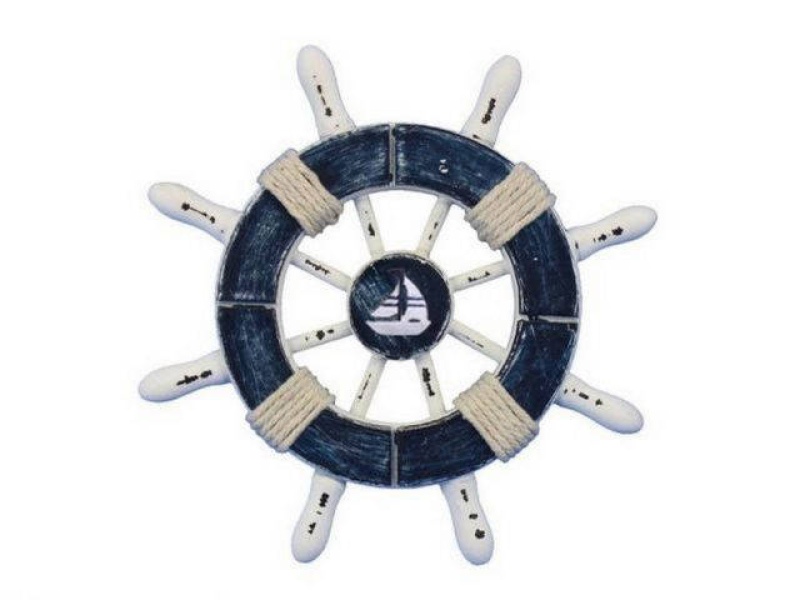 Rustic Dark Blue And White Decorative Ship Wheel With Sailboat 6"