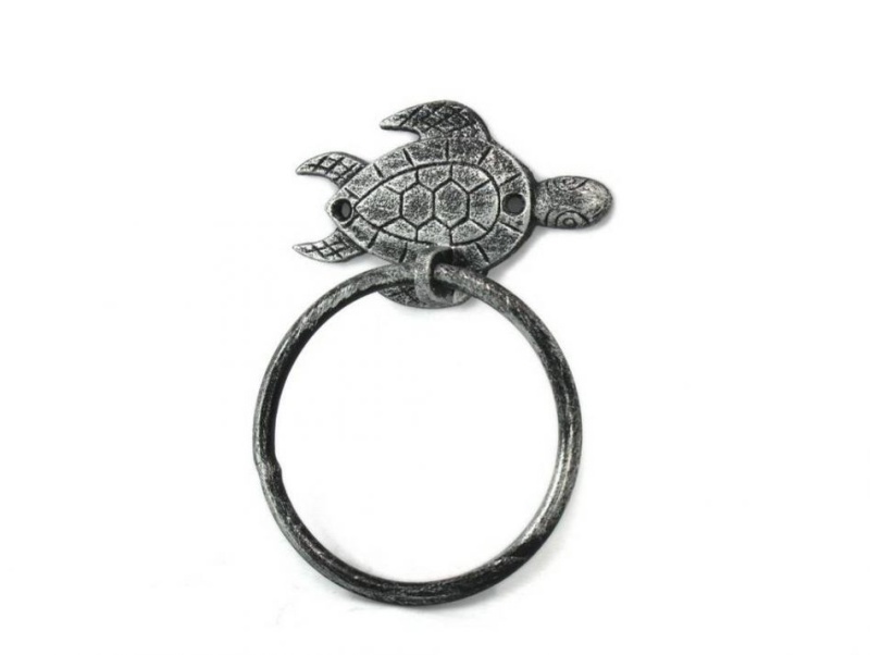 Antique Silver Cast Iron Sea Turtle Towel Holder 7"