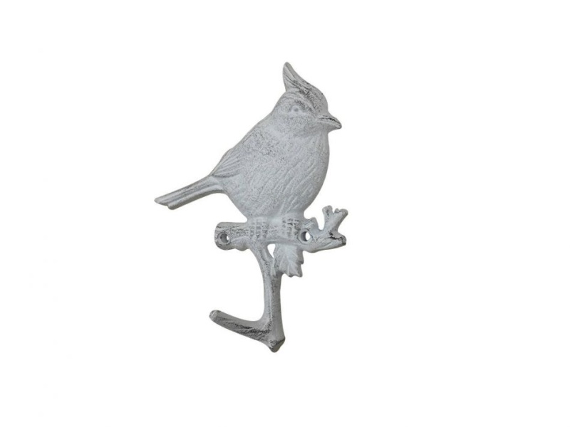 Whitewashed Cast Iron Cardinal Sitting On A Tree Branch Decorative Metal Wall Hook 6.5"