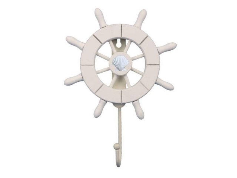White Decorative Ship Wheel With Seashell And Hook 8"