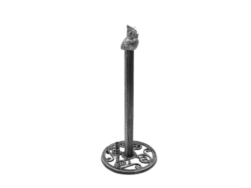 Rustic Silver Cast Iron Sitting Owl Toilet Paper Stand 16"
