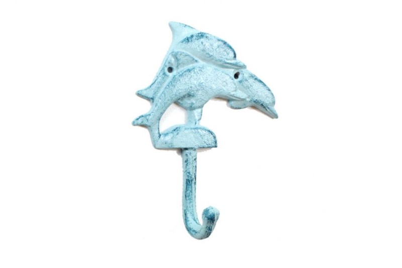 Rustic Dark Blue Whitewashed Cast Iron Dolphins Wall Hook 6"