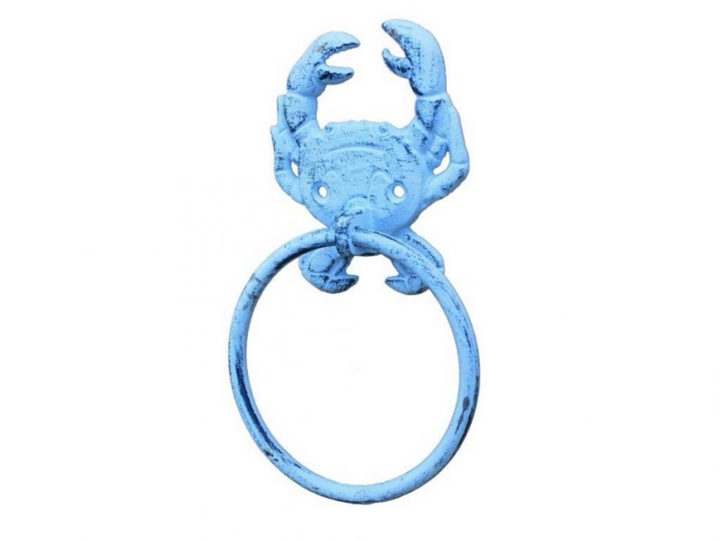 Dark Blue Whitewashed Cast Iron Crab Towel Holder 8"