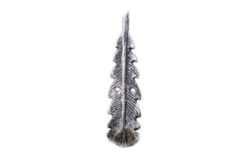 Rustic Silver Cast Iron Decorative Feather Hook 6"