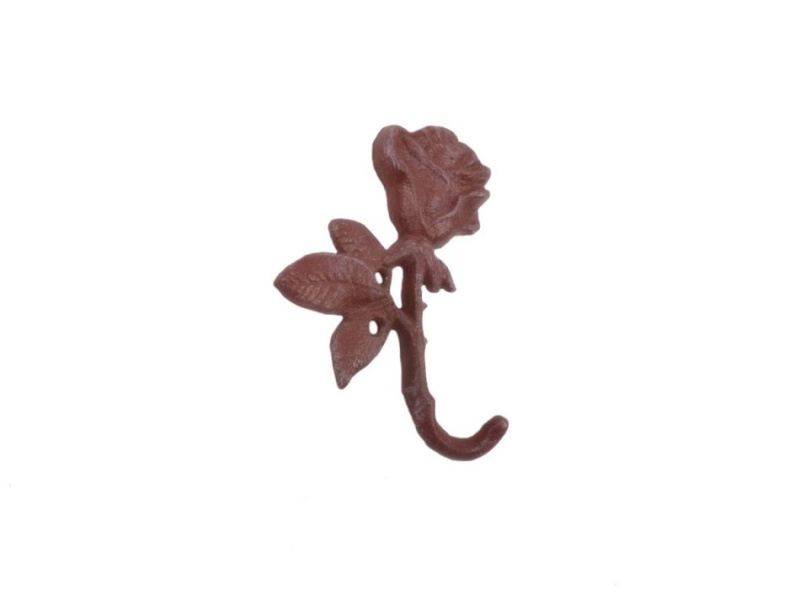 Rustic Red Whitewashed Cast Iron Long Stem Rose Decorative Metal Wall Hook 5.5"