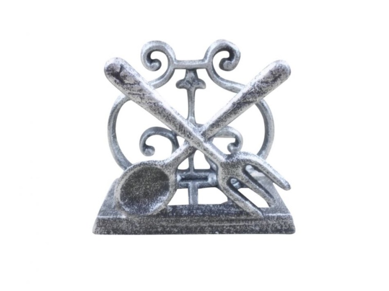 Rustic Silver Cast Iron Fork and Spoon Napkin Holder, 5"