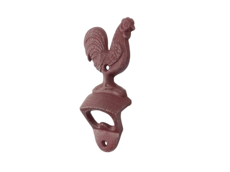 Rustic Red Whitewashed Cast Iron Rooster Bottle Opener 6"