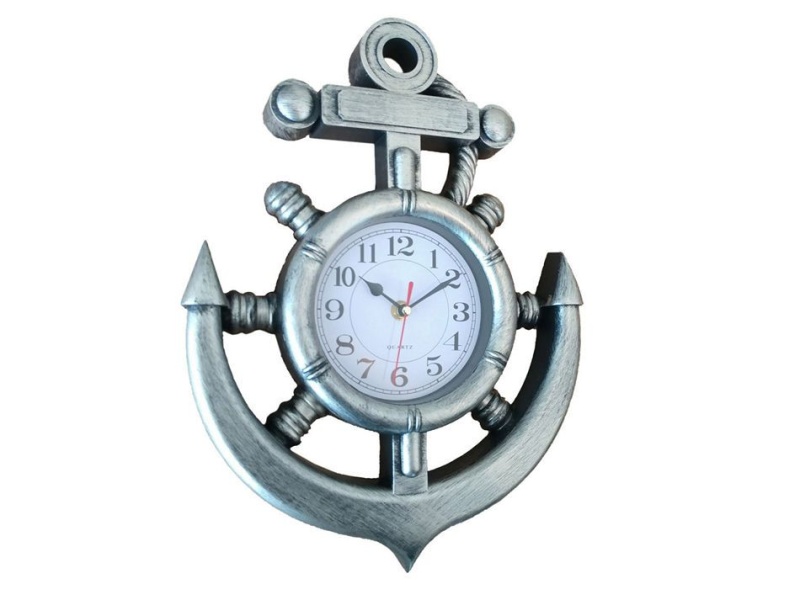 Silver Ship Wheel and Anchor Wall Clock 15"