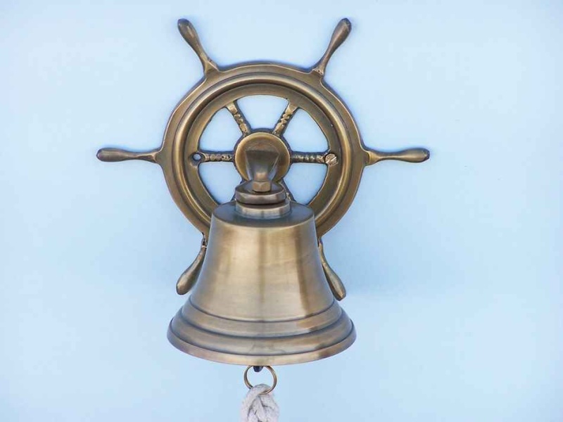 Antique Brass Hanging Ship Wheel Bell 7"