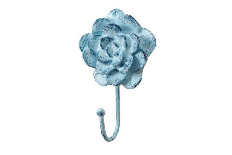 Rustic Dark Blue Whitewashed Cast Iron Decorative Rose Hook 7"