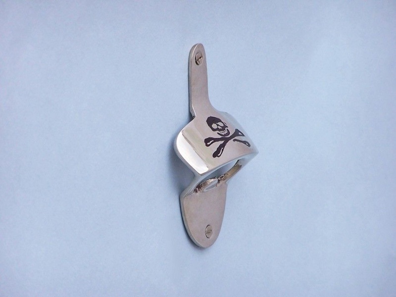 Chrome Pirate Skull And Crossbones Wall Mounted Bottle Opener 3.5"