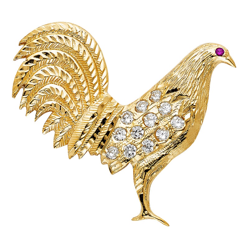 14K Gold Cz Rooster Charm Pendant