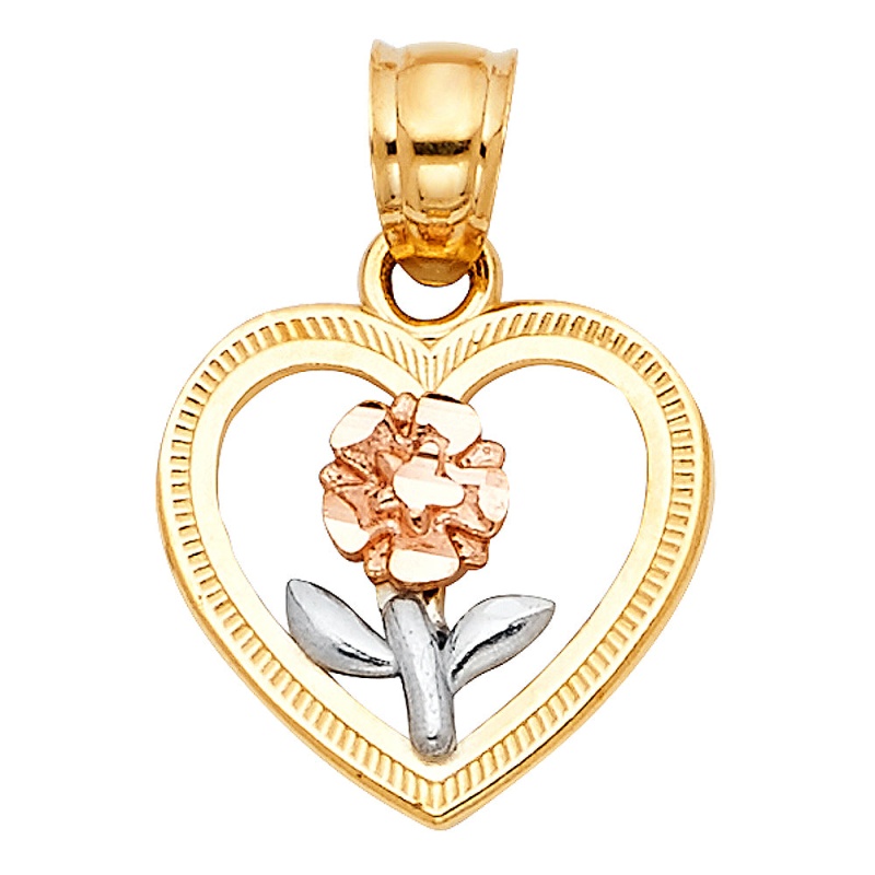 14K Gold Flower In Heart Charm Pendant