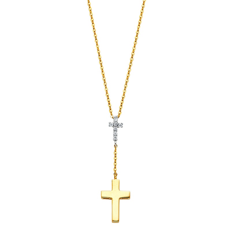 14K Gold Double Cross Hanging Cz Pendant Charm Chain Y Necklace - 17+1'