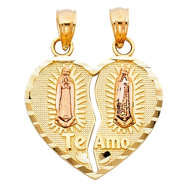 14K Gold Religious Guadalupe Broken Heart Te Amo Charm Pendant