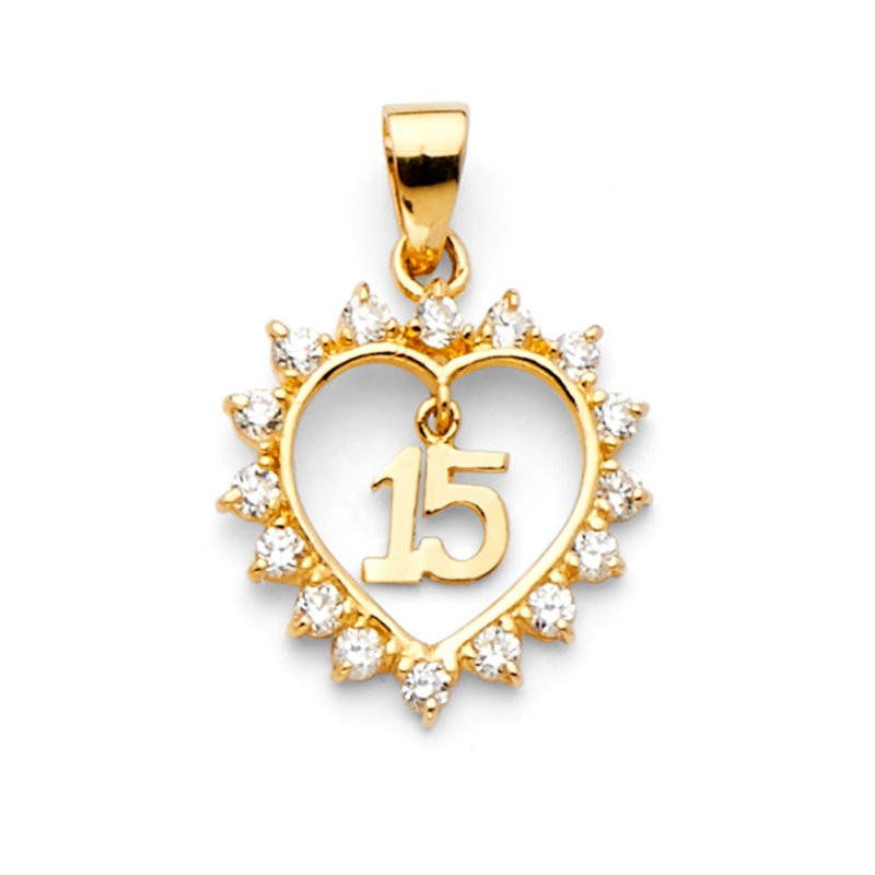 14K Gold Heart 15 Years Birthday Quinceanera Cz Charm Pendant