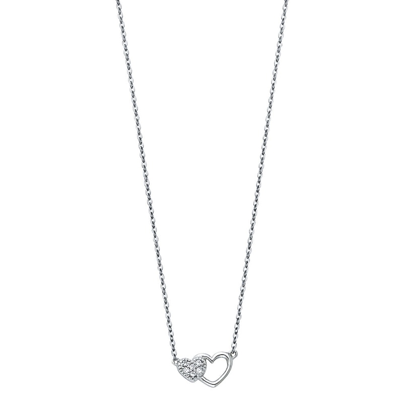 14K Gold Double Hearts Cz Pendant Chain Necklace - 17+1'