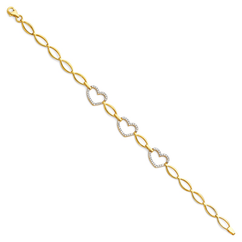 14K Solid Gold Cz Hearts Bracelet - 7.25'