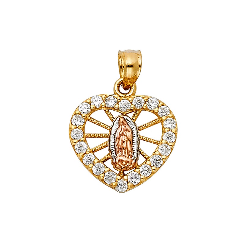 14K Gold Religious Guadalupe Heart Cz Charm Pendant