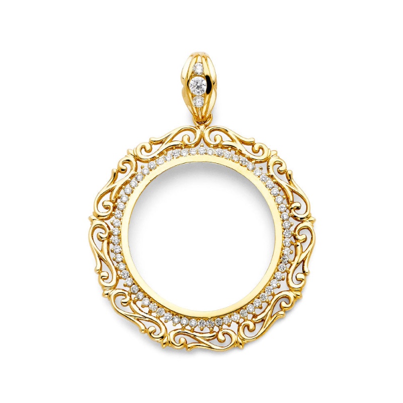 14K Gold Cz Flower Frame 50 Pesos Coin Charm Pendant