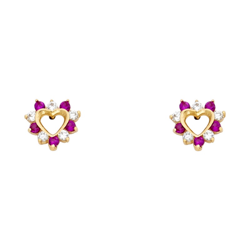 14K Gold Round Cut Red Cz Heart Stud Earrings