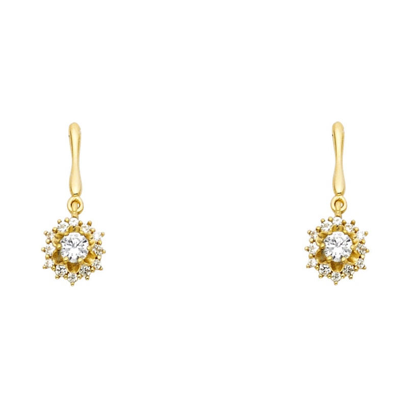 14K Gold Cz Flower Dangle Drop Stud Earrings