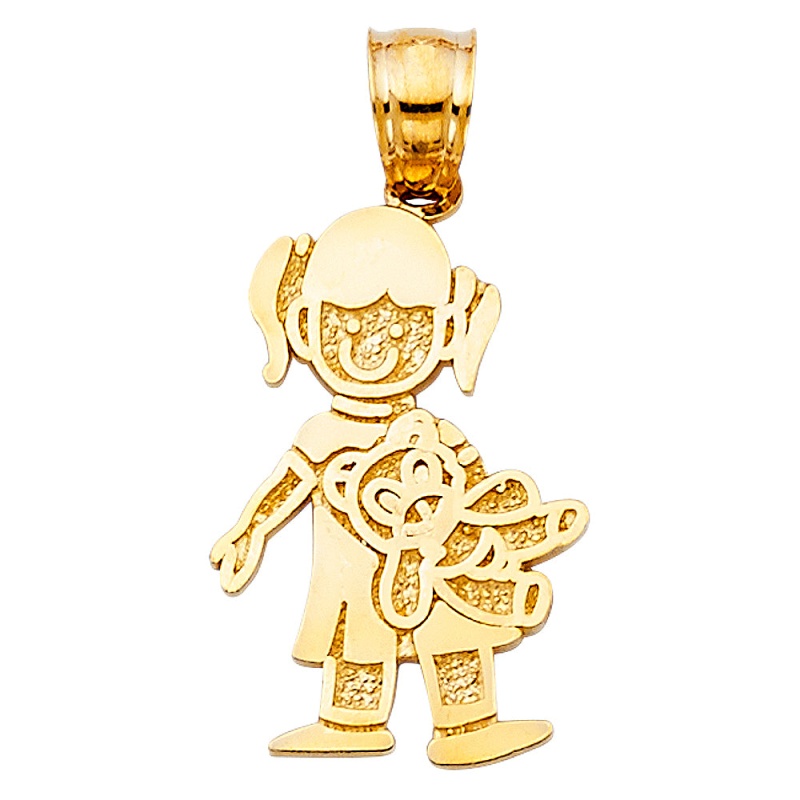 14K Gold Girl With Doll Charm Pendant