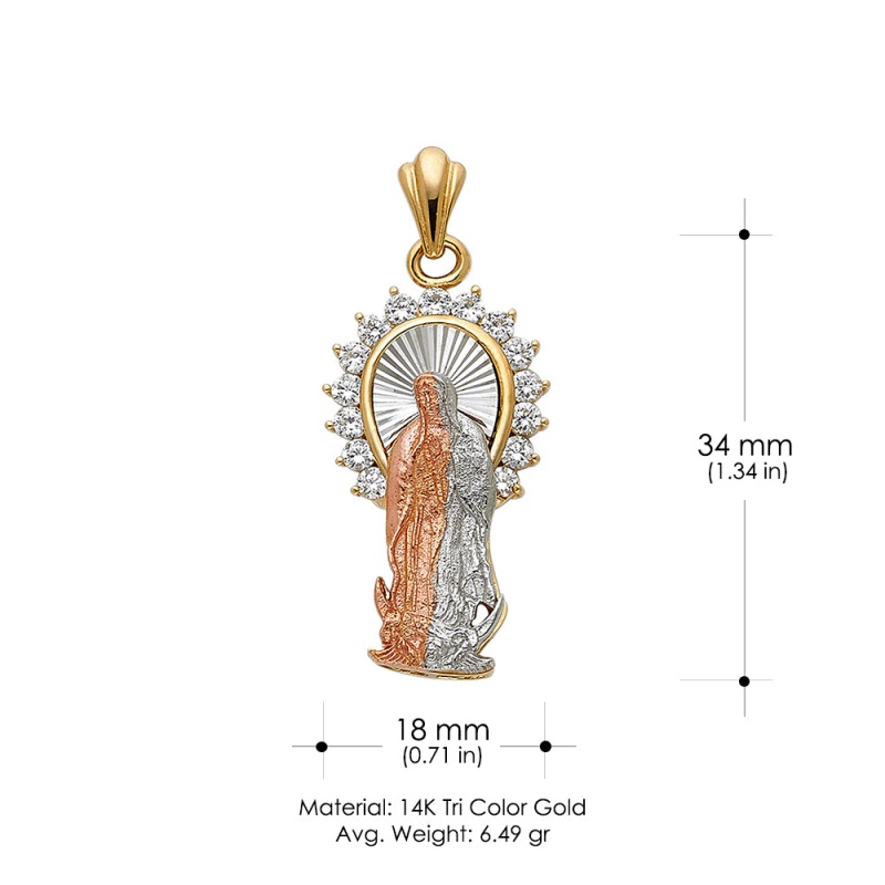 14K Gold Cz Religious Guadalupe Charm Pendant